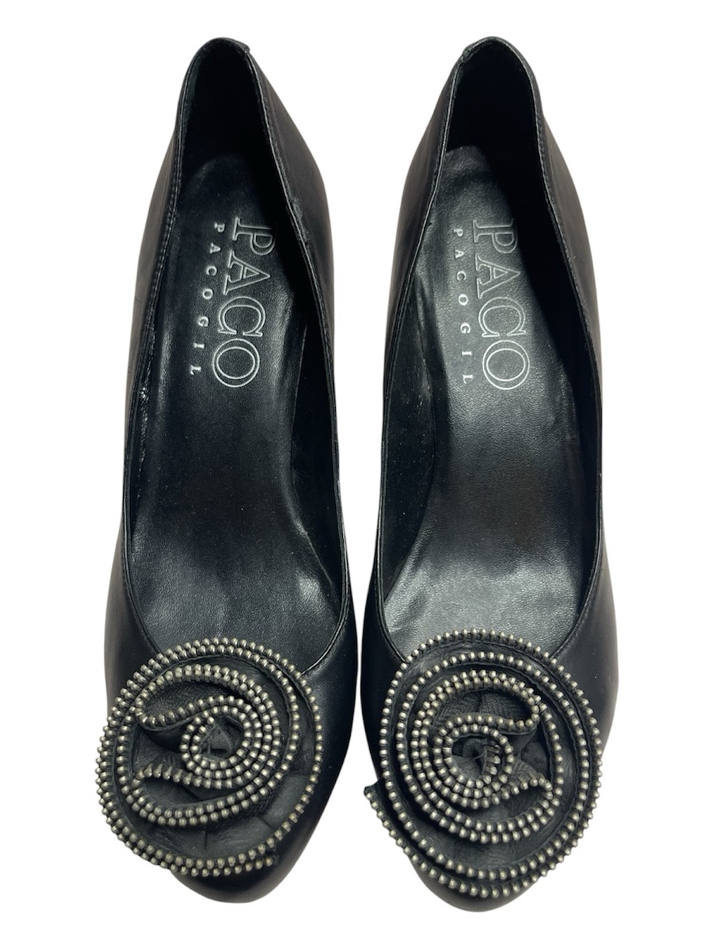 Paco Gil Black Leather Heels with Beaded Rosette Accent Sz 9